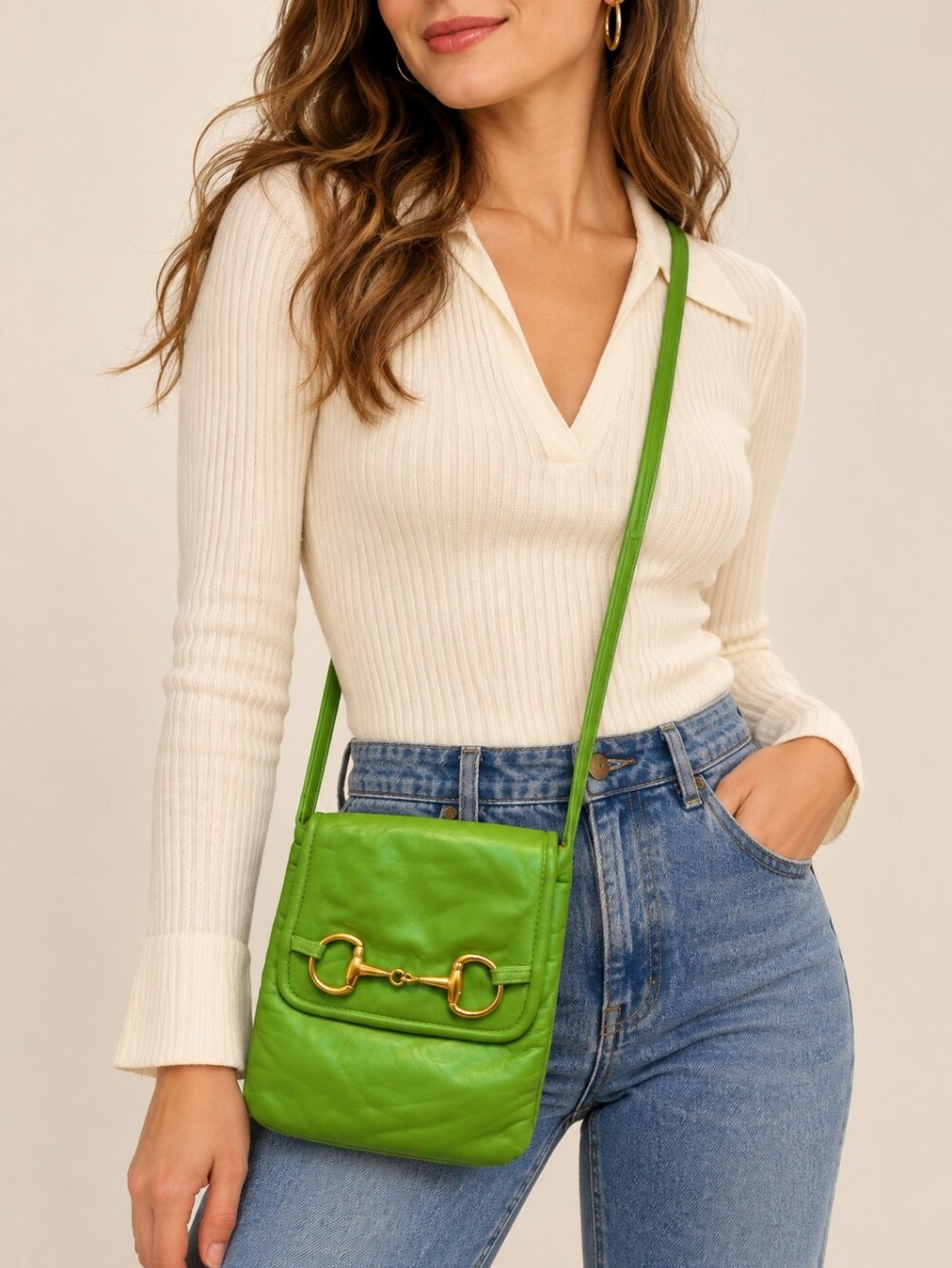 Vintage 70s 80s Lime Green Leather Crossbody Bag Horsebit Made USA